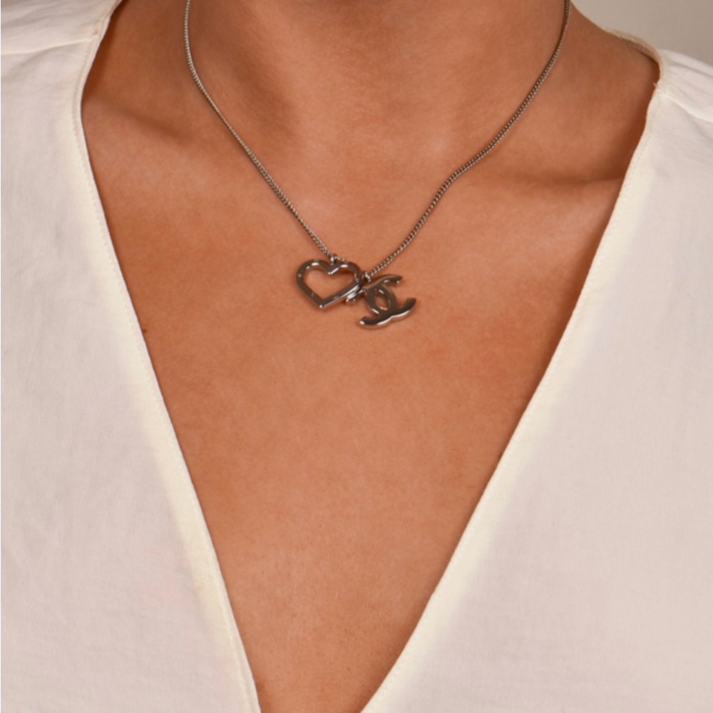 Chanel CC Open Heart Pendant Necklace (Silver Tone)